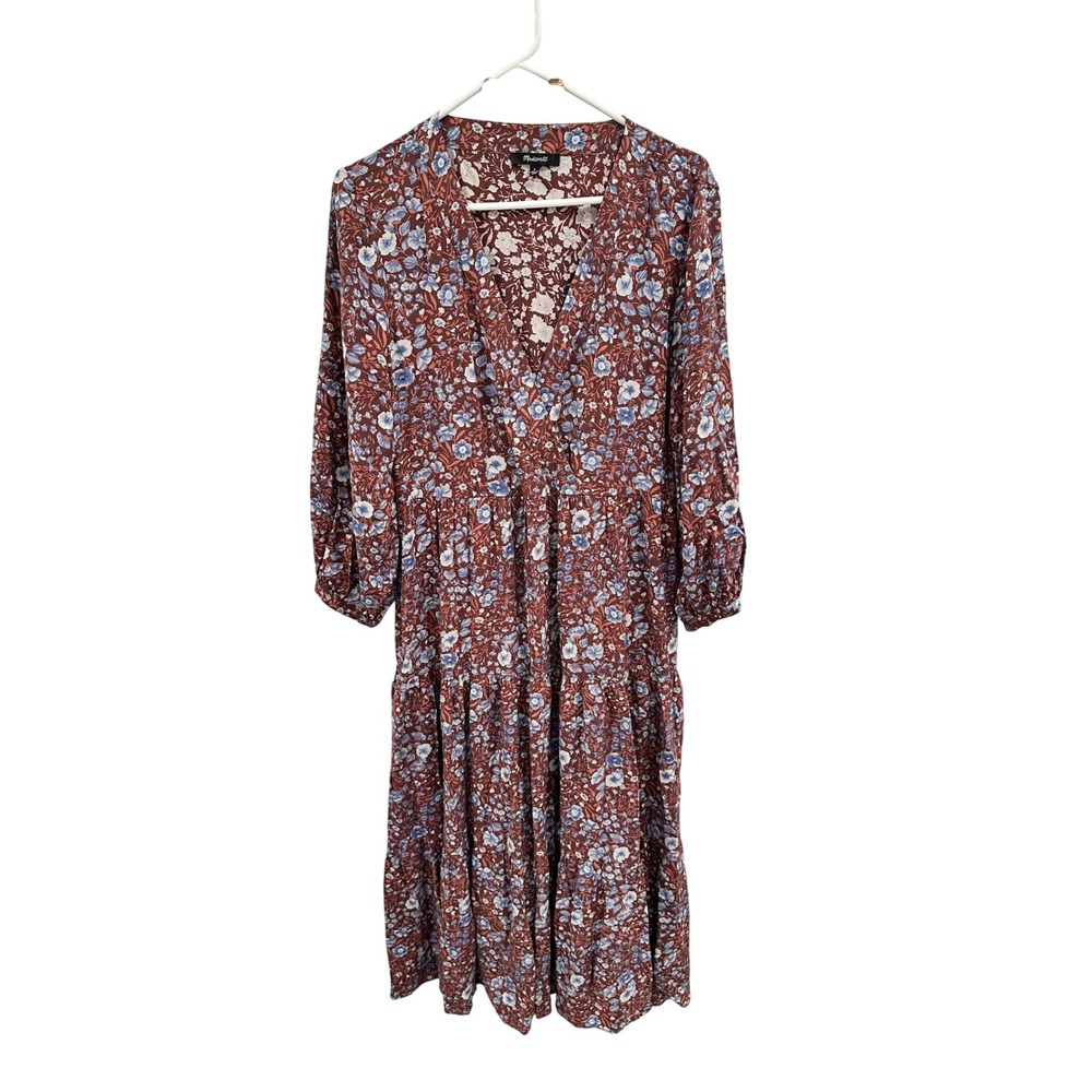Madewell Floral V-Neck Tiered‎ Midi Dress Brown Blue Small Viscose 3/4 Sleeve